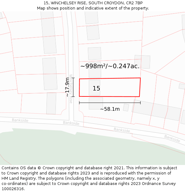 15, WINCHELSEY RISE, SOUTH CROYDON, CR2 7BP: Plot and title map