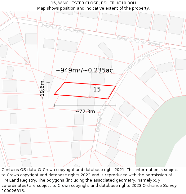 15, WINCHESTER CLOSE, ESHER, KT10 8QH: Plot and title map