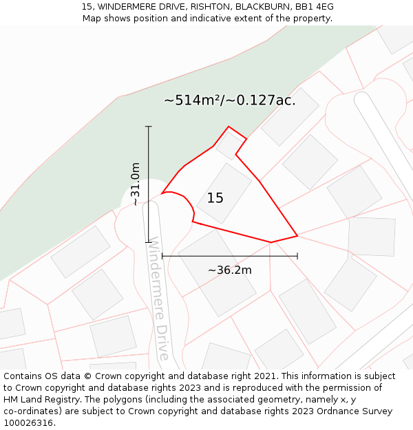 15, WINDERMERE DRIVE, RISHTON, BLACKBURN, BB1 4EG: Plot and title map
