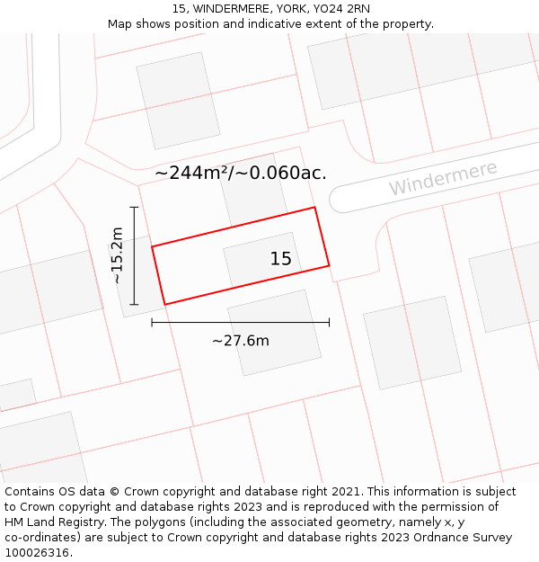 15, WINDERMERE, YORK, YO24 2RN: Plot and title map