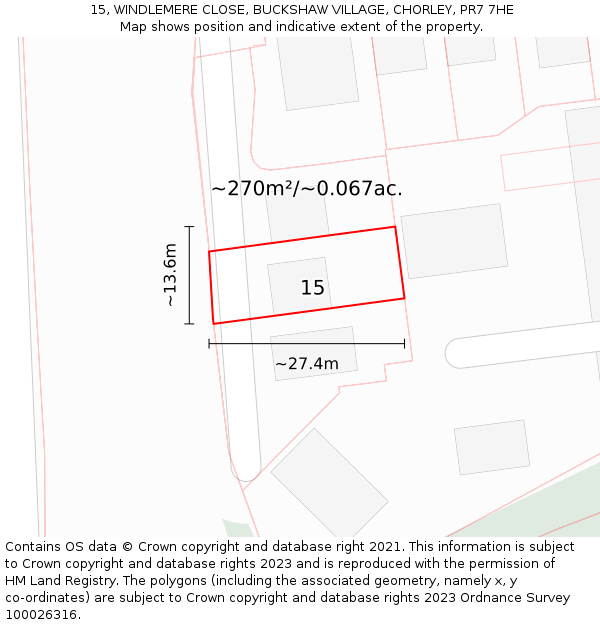 15, WINDLEMERE CLOSE, BUCKSHAW VILLAGE, CHORLEY, PR7 7HE: Plot and title map