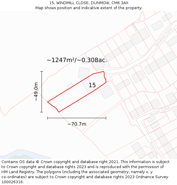 15, WINDMILL CLOSE, DUNMOW, CM6 3AX: Plot and title map