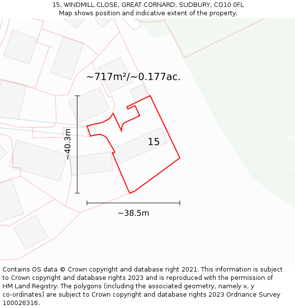 15, WINDMILL CLOSE, GREAT CORNARD, SUDBURY, CO10 0FL: Plot and title map