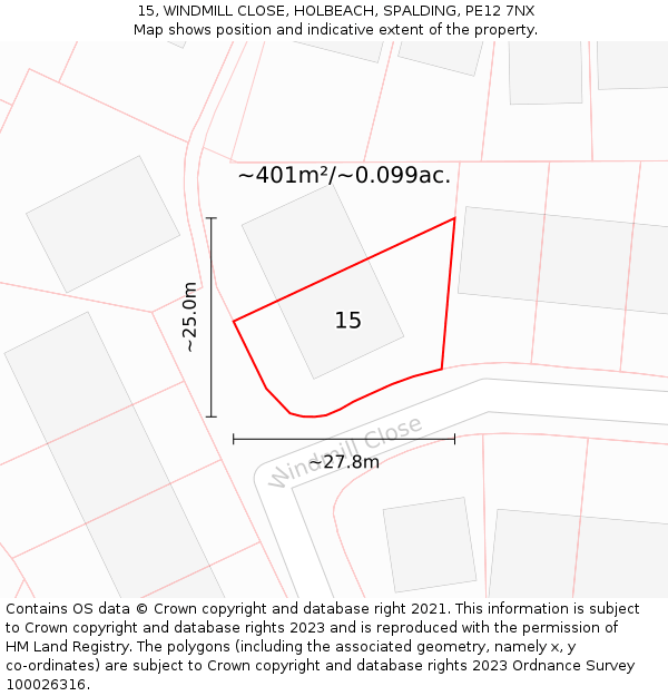 15, WINDMILL CLOSE, HOLBEACH, SPALDING, PE12 7NX: Plot and title map