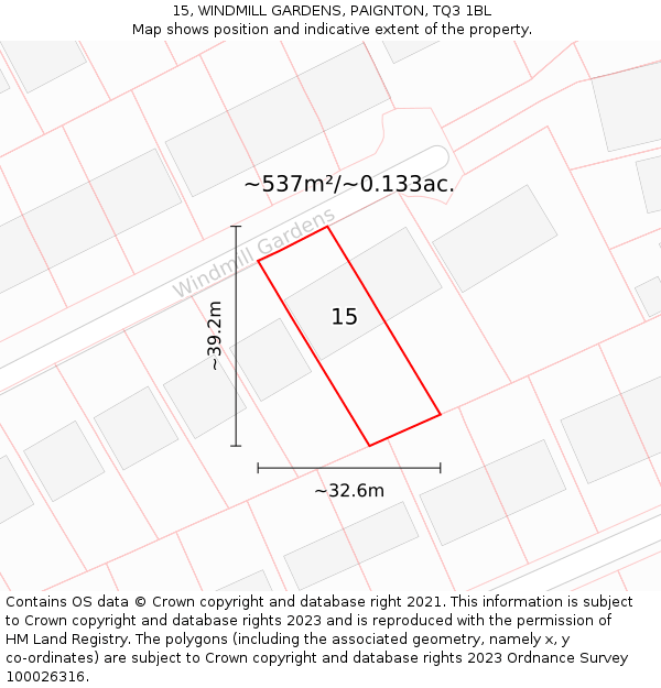 15, WINDMILL GARDENS, PAIGNTON, TQ3 1BL: Plot and title map
