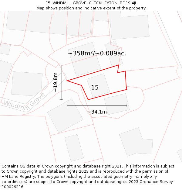 15, WINDMILL GROVE, CLECKHEATON, BD19 4JL: Plot and title map