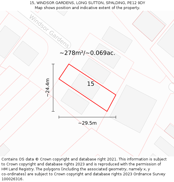 15, WINDSOR GARDENS, LONG SUTTON, SPALDING, PE12 9DY: Plot and title map