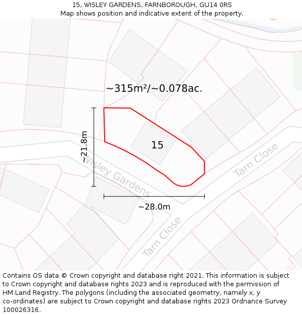 15, WISLEY GARDENS, FARNBOROUGH, GU14 0RS: Plot and title map