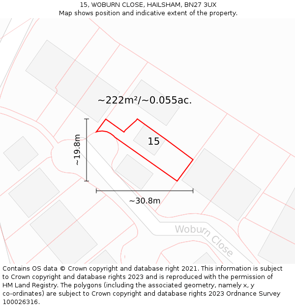 15, WOBURN CLOSE, HAILSHAM, BN27 3UX: Plot and title map