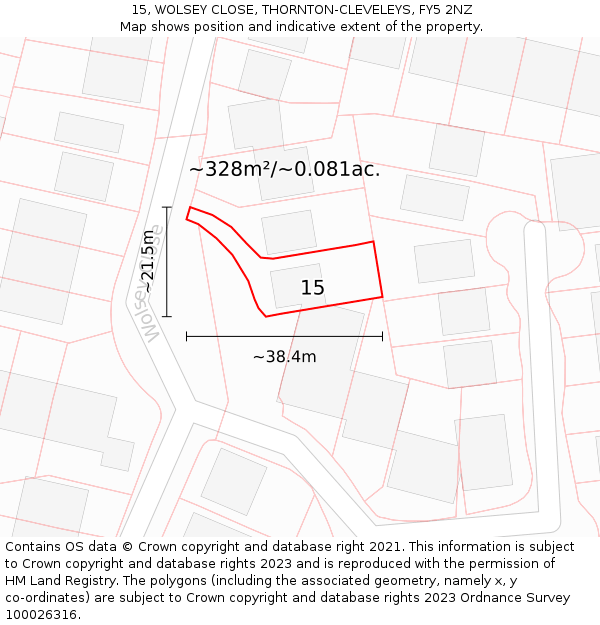 15, WOLSEY CLOSE, THORNTON-CLEVELEYS, FY5 2NZ: Plot and title map