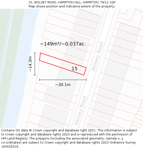 15, WOLSEY ROAD, HAMPTON HILL, HAMPTON, TW12 1QP: Plot and title map
