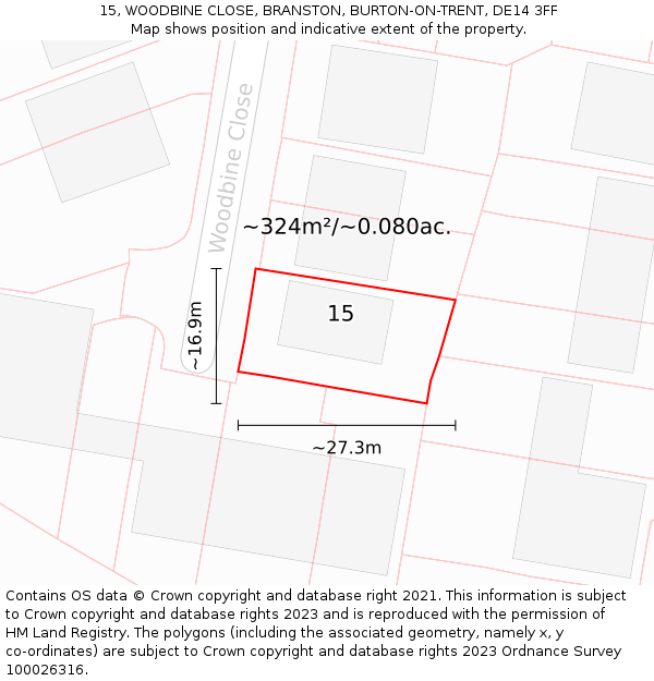 15, WOODBINE CLOSE, BRANSTON, BURTON-ON-TRENT, DE14 3FF: Plot and title map