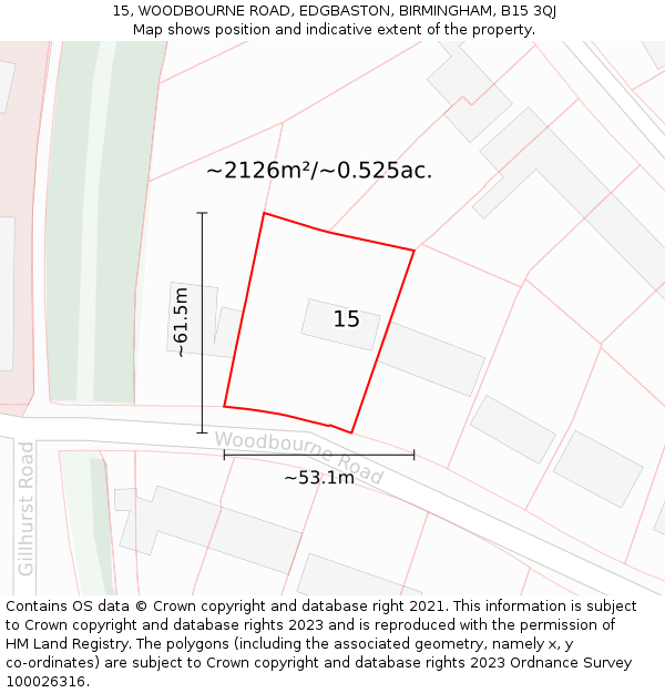 15, WOODBOURNE ROAD, EDGBASTON, BIRMINGHAM, B15 3QJ: Plot and title map