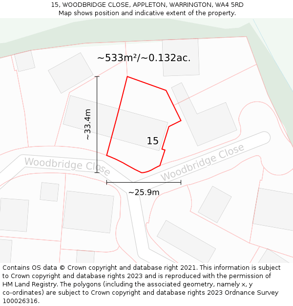 15, WOODBRIDGE CLOSE, APPLETON, WARRINGTON, WA4 5RD: Plot and title map