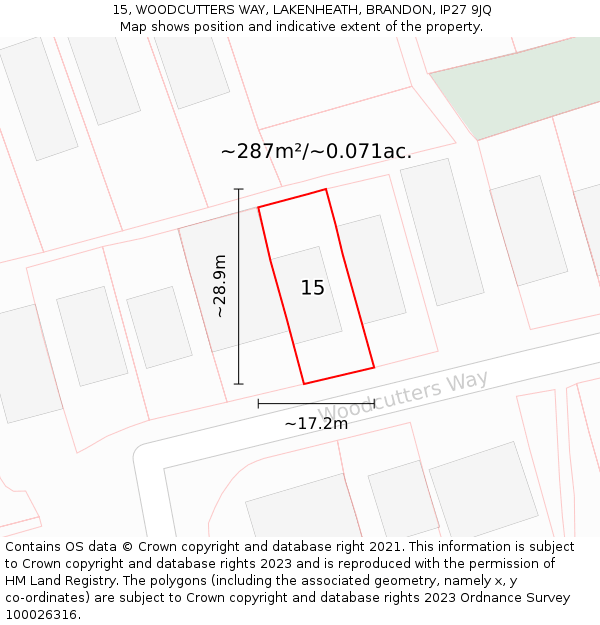 15, WOODCUTTERS WAY, LAKENHEATH, BRANDON, IP27 9JQ: Plot and title map