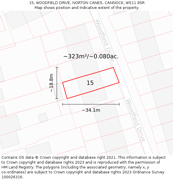 15, WOODFIELD DRIVE, NORTON CANES, CANNOCK, WS11 9SR: Plot and title map