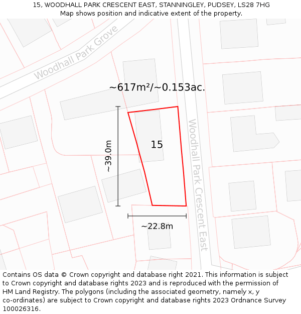 15, WOODHALL PARK CRESCENT EAST, STANNINGLEY, PUDSEY, LS28 7HG: Plot and title map
