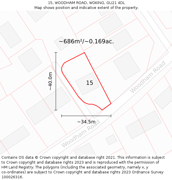 15, WOODHAM ROAD, WOKING, GU21 4DL: Plot and title map