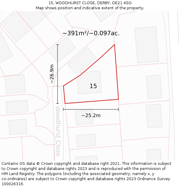 15, WOODHURST CLOSE, DERBY, DE21 4SG: Plot and title map