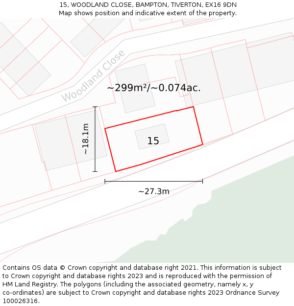 15, WOODLAND CLOSE, BAMPTON, TIVERTON, EX16 9DN: Plot and title map