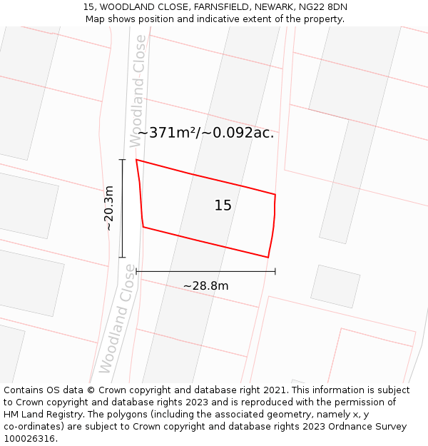 15, WOODLAND CLOSE, FARNSFIELD, NEWARK, NG22 8DN: Plot and title map