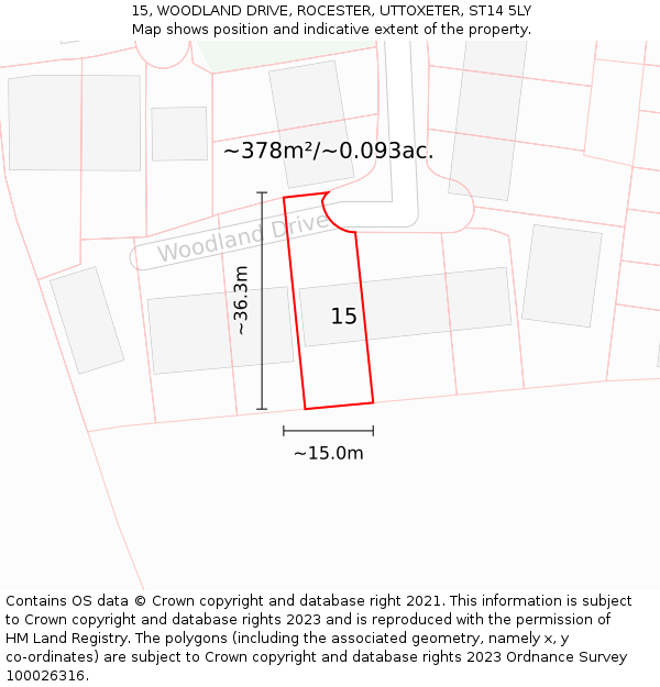 15, WOODLAND DRIVE, ROCESTER, UTTOXETER, ST14 5LY: Plot and title map