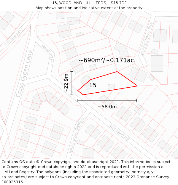 15, WOODLAND HILL, LEEDS, LS15 7DF: Plot and title map