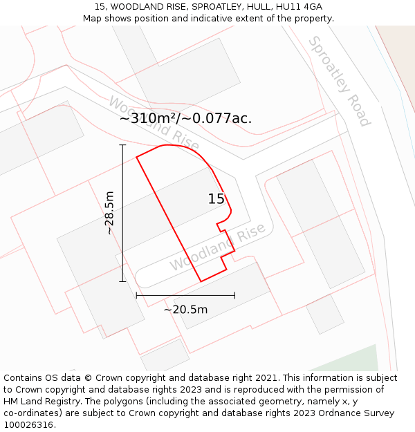 15, WOODLAND RISE, SPROATLEY, HULL, HU11 4GA: Plot and title map