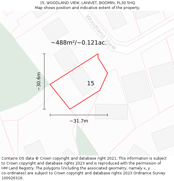 15, WOODLAND VIEW, LANIVET, BODMIN, PL30 5HQ: Plot and title map