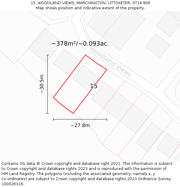 15, WOODLAND VIEWS, MARCHINGTON, UTTOXETER, ST14 8NF: Plot and title map