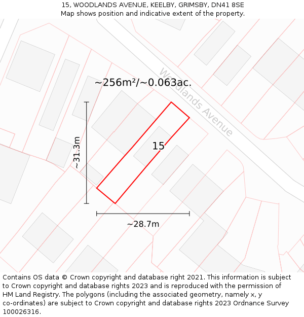 15, WOODLANDS AVENUE, KEELBY, GRIMSBY, DN41 8SE: Plot and title map