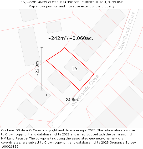 15, WOODLANDS CLOSE, BRANSGORE, CHRISTCHURCH, BH23 8NF: Plot and title map