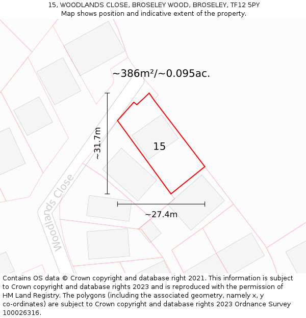 15, WOODLANDS CLOSE, BROSELEY WOOD, BROSELEY, TF12 5PY: Plot and title map