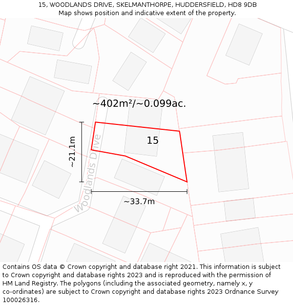 15, WOODLANDS DRIVE, SKELMANTHORPE, HUDDERSFIELD, HD8 9DB: Plot and title map