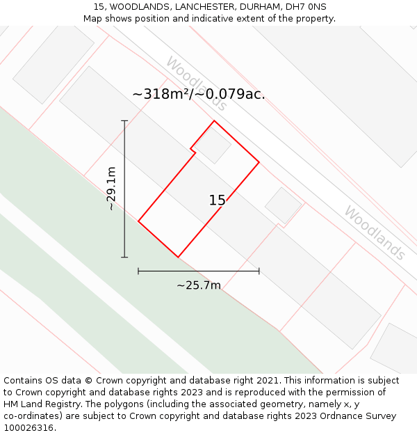 15, WOODLANDS, LANCHESTER, DURHAM, DH7 0NS: Plot and title map