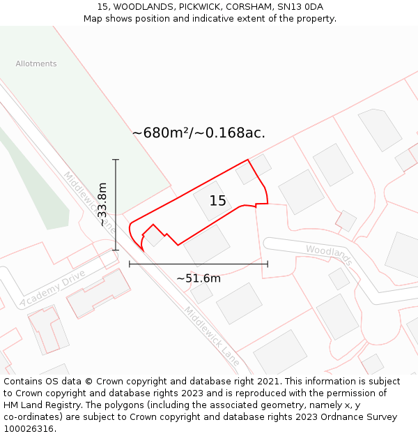 15, WOODLANDS, PICKWICK, CORSHAM, SN13 0DA: Plot and title map
