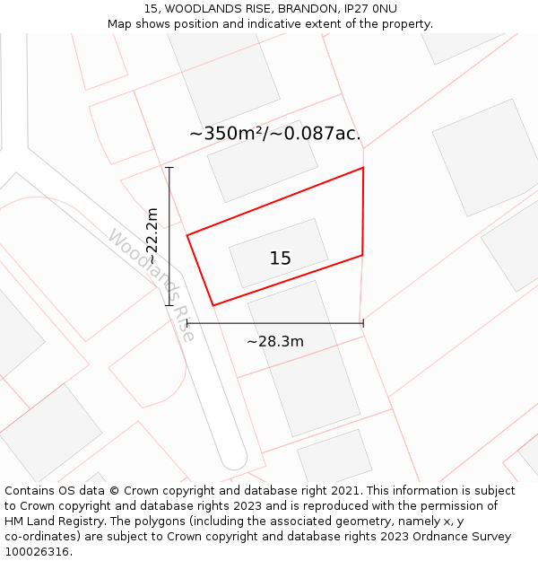 15, WOODLANDS RISE, BRANDON, IP27 0NU: Plot and title map