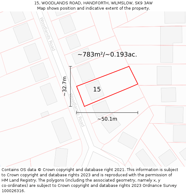 15, WOODLANDS ROAD, HANDFORTH, WILMSLOW, SK9 3AW: Plot and title map