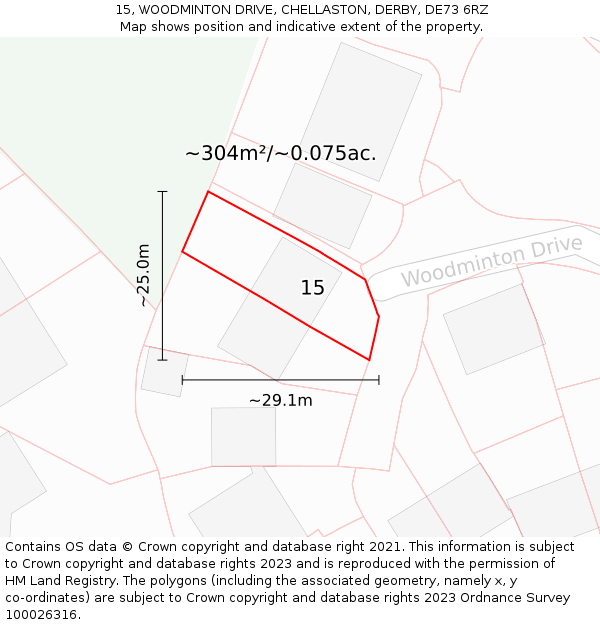 15, WOODMINTON DRIVE, CHELLASTON, DERBY, DE73 6RZ: Plot and title map