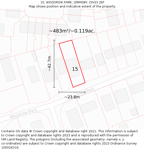 15, WOODROW PARK, GRIMSBY, DN33 2EF: Plot and title map