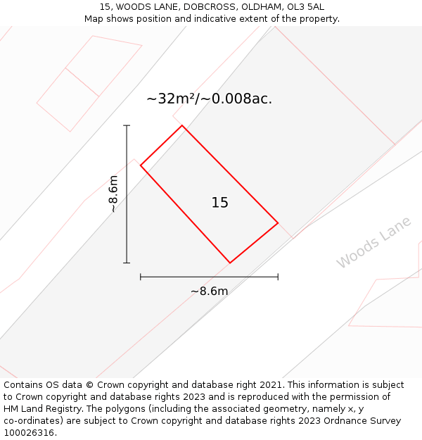 15, WOODS LANE, DOBCROSS, OLDHAM, OL3 5AL: Plot and title map