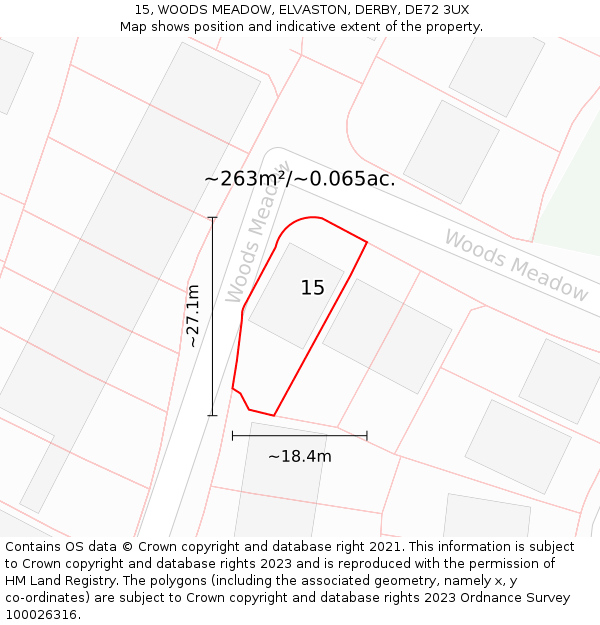 15, WOODS MEADOW, ELVASTON, DERBY, DE72 3UX: Plot and title map