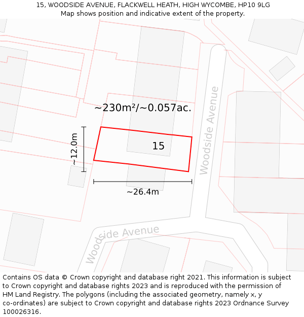 15, WOODSIDE AVENUE, FLACKWELL HEATH, HIGH WYCOMBE, HP10 9LG: Plot and title map
