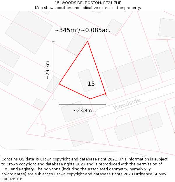 15, WOODSIDE, BOSTON, PE21 7HE: Plot and title map