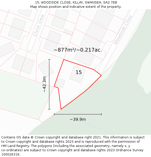 15, WOODSIDE CLOSE, KILLAY, SWANSEA, SA2 7EB: Plot and title map