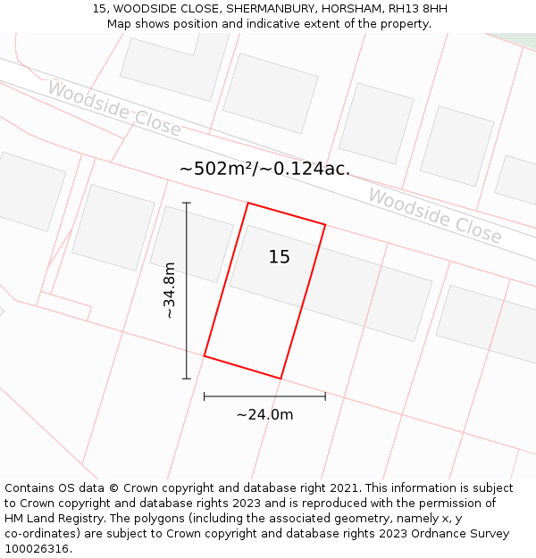 15, WOODSIDE CLOSE, SHERMANBURY, HORSHAM, RH13 8HH: Plot and title map