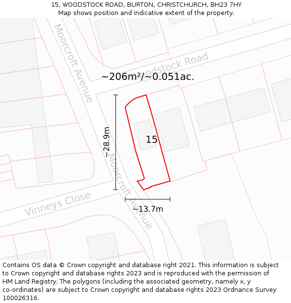 15, WOODSTOCK ROAD, BURTON, CHRISTCHURCH, BH23 7HY: Plot and title map