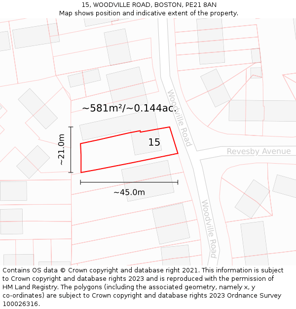 15, WOODVILLE ROAD, BOSTON, PE21 8AN: Plot and title map