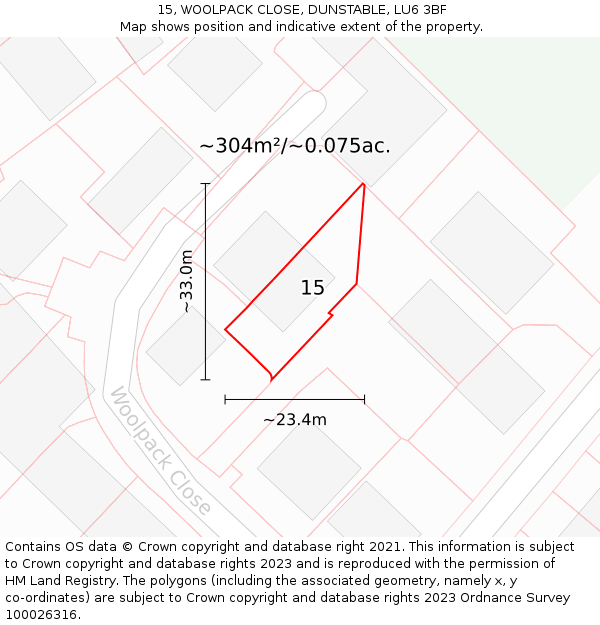 15, WOOLPACK CLOSE, DUNSTABLE, LU6 3BF: Plot and title map