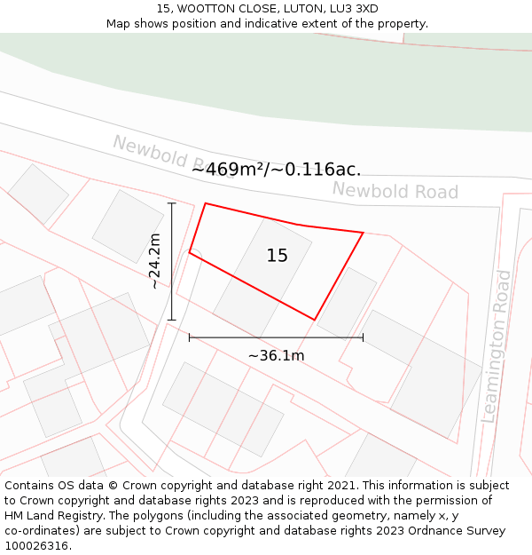 15, WOOTTON CLOSE, LUTON, LU3 3XD: Plot and title map
